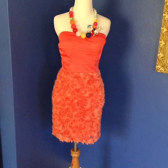 NWT bright coral strapless mini dress with rosettes - club party cosplay - Picture 4 of 17
